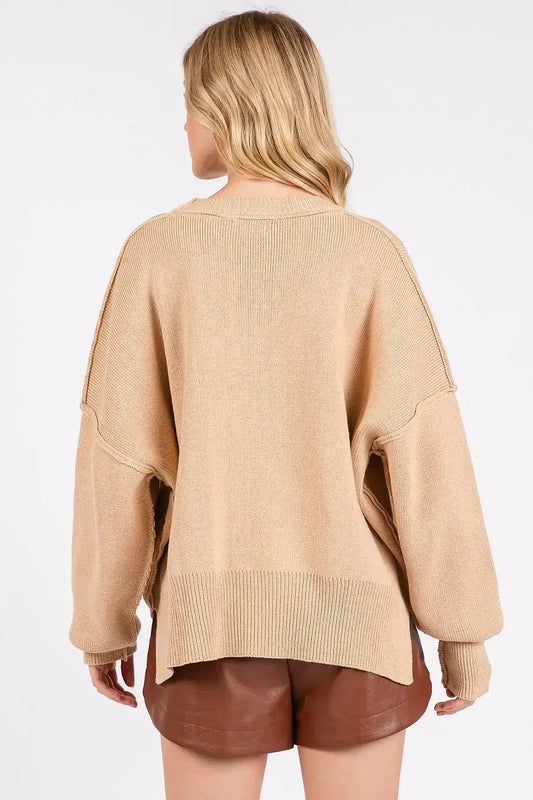 Mittoshop Side Slit Round Neck Drop Shoulder Sweater Tan / S