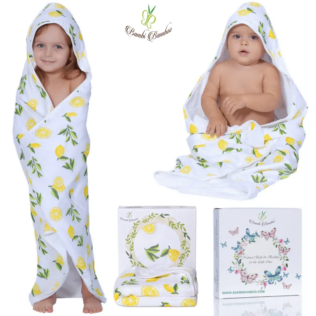 Baby Hooded Towel, Muslin-Backed, Buttery Soft Terry, Lemon Print Default Title