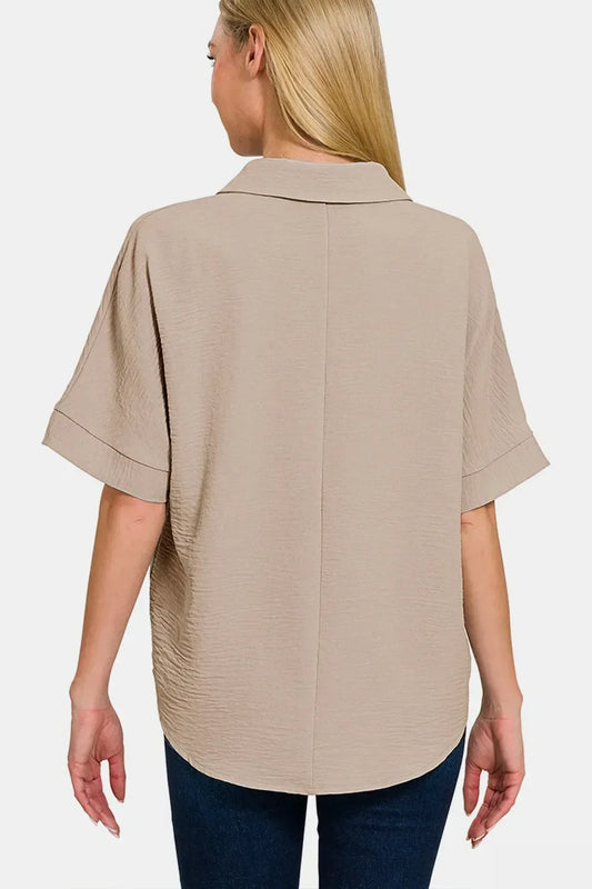 Zenana Texture Collared Neck Short Sleeve Top Ash Mocha / S