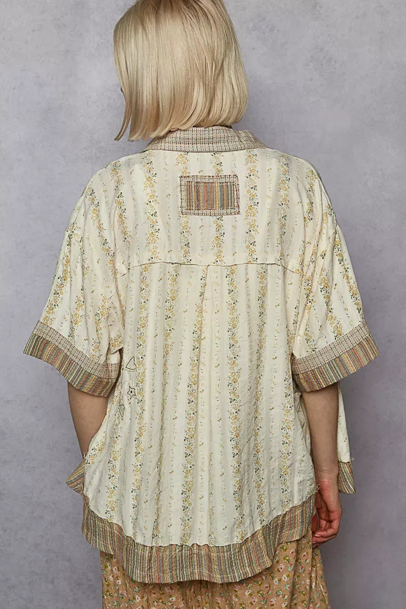 POL Printed Button Down Patchwork Short Sleeve Shirt CREAM MULTI / S