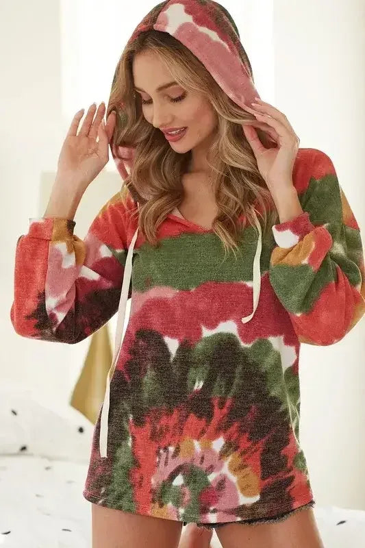 BiBi Tie Dye Knit Hoodie with Twill Tape MAGENTA/PINK/OLIVE / S