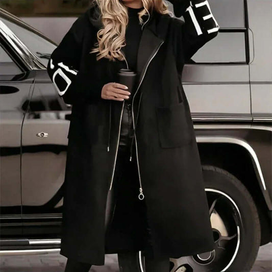 Women's Long Sleeve Letter Print Hooded Coat With Pockets - Zip Front S / Black