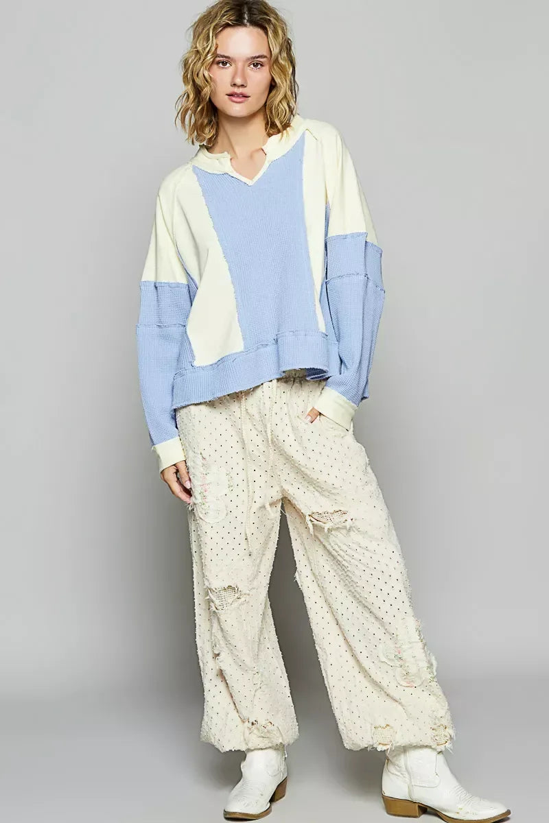 POL Color Block Waffle Knit Raw Hem Sweatshirt CREAM MULTI / S