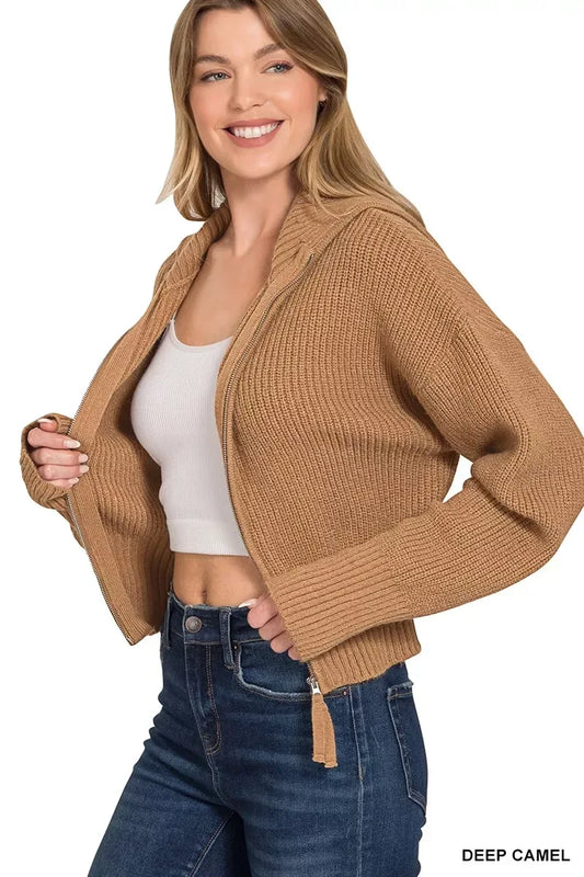 Zenana Ribbed Collared Zip Up Sweater Cardigan DEEP CAMEL / S