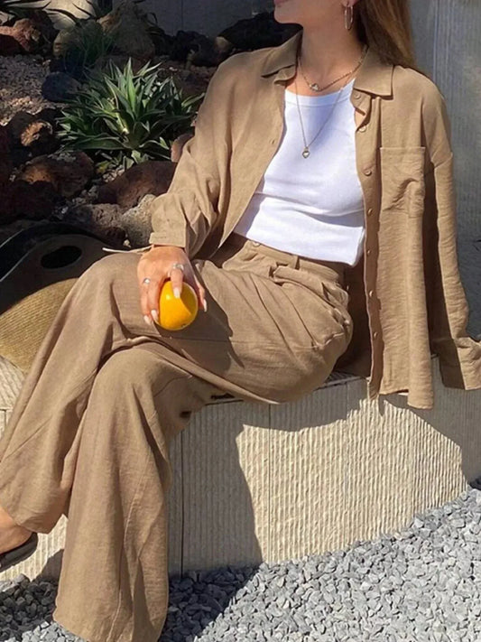 Full Size Relaxed Fit Button Up Shirt and Pants Two-Piece Set Plus S / Khaki