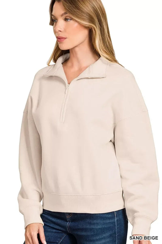 Zenana Fleece High Neck Half Zip Sweatshirt SAND BEIGE / S