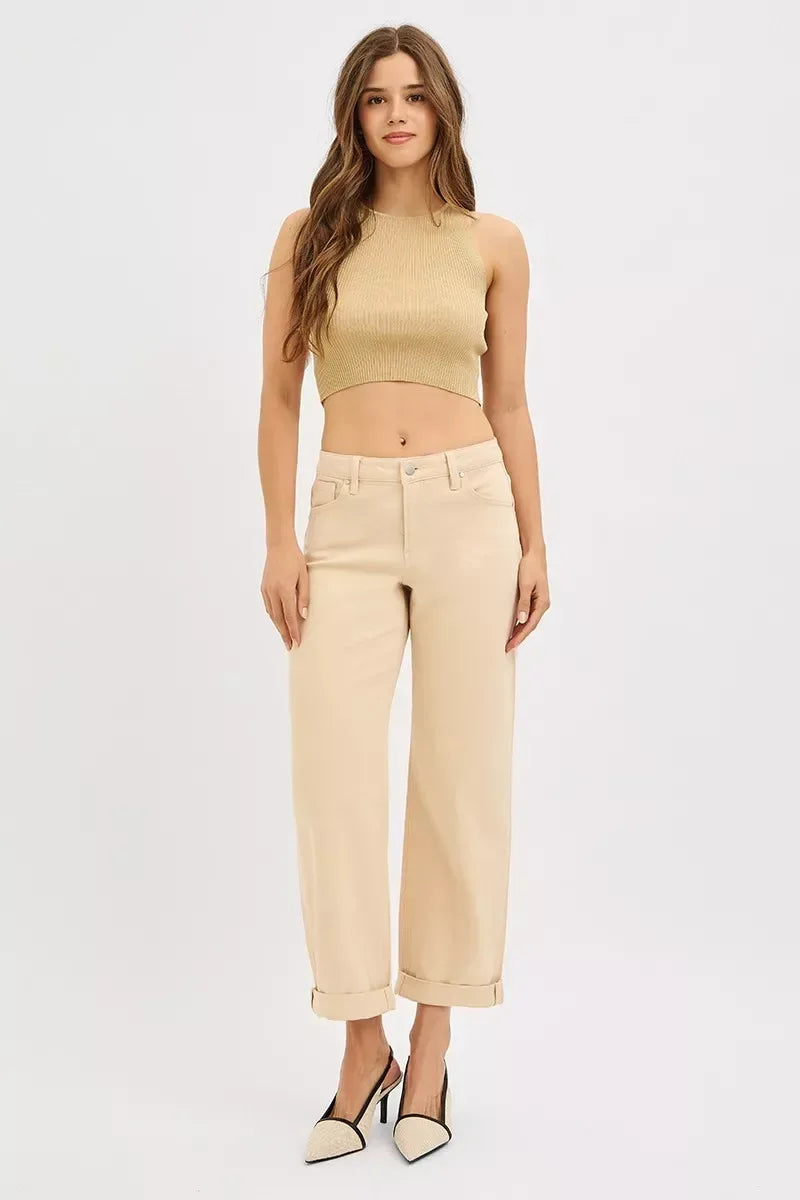 RISEN Tummy Control Mid Rise Ankle Barrel Relaxed Baggy BUTTER MILK / 0