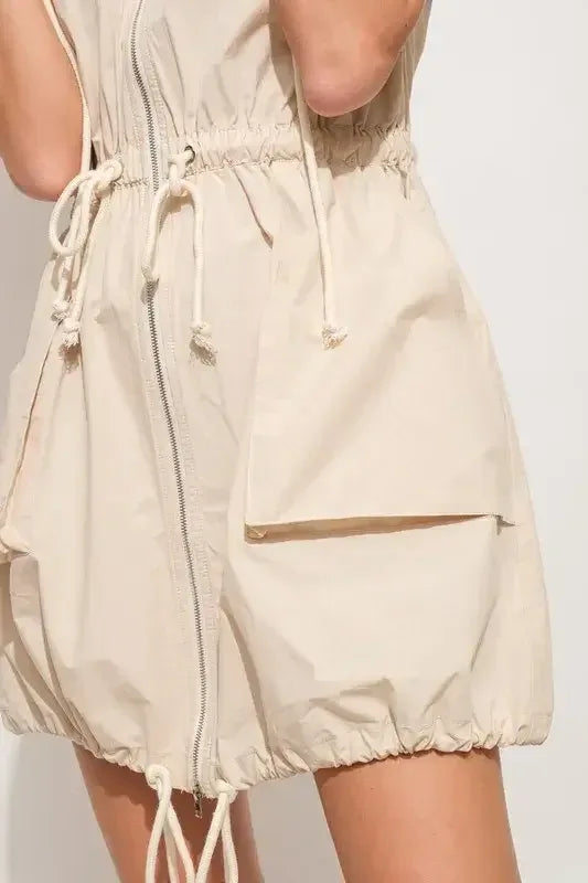 And The Why Short Sleeve String Details Hooded Mini Dress Almond / S