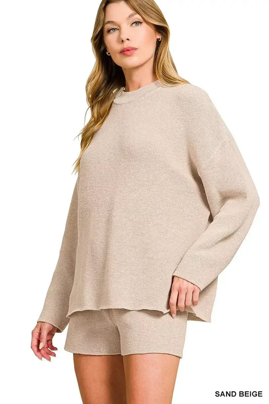 Zenana Round Neck Knit Top and Shorts Sweater Set SAND BEIGE / S