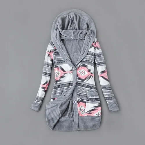 Autumn And Winter Jacket Printed Hooded Wool Liner Knit Midi Length S / Ash powder
