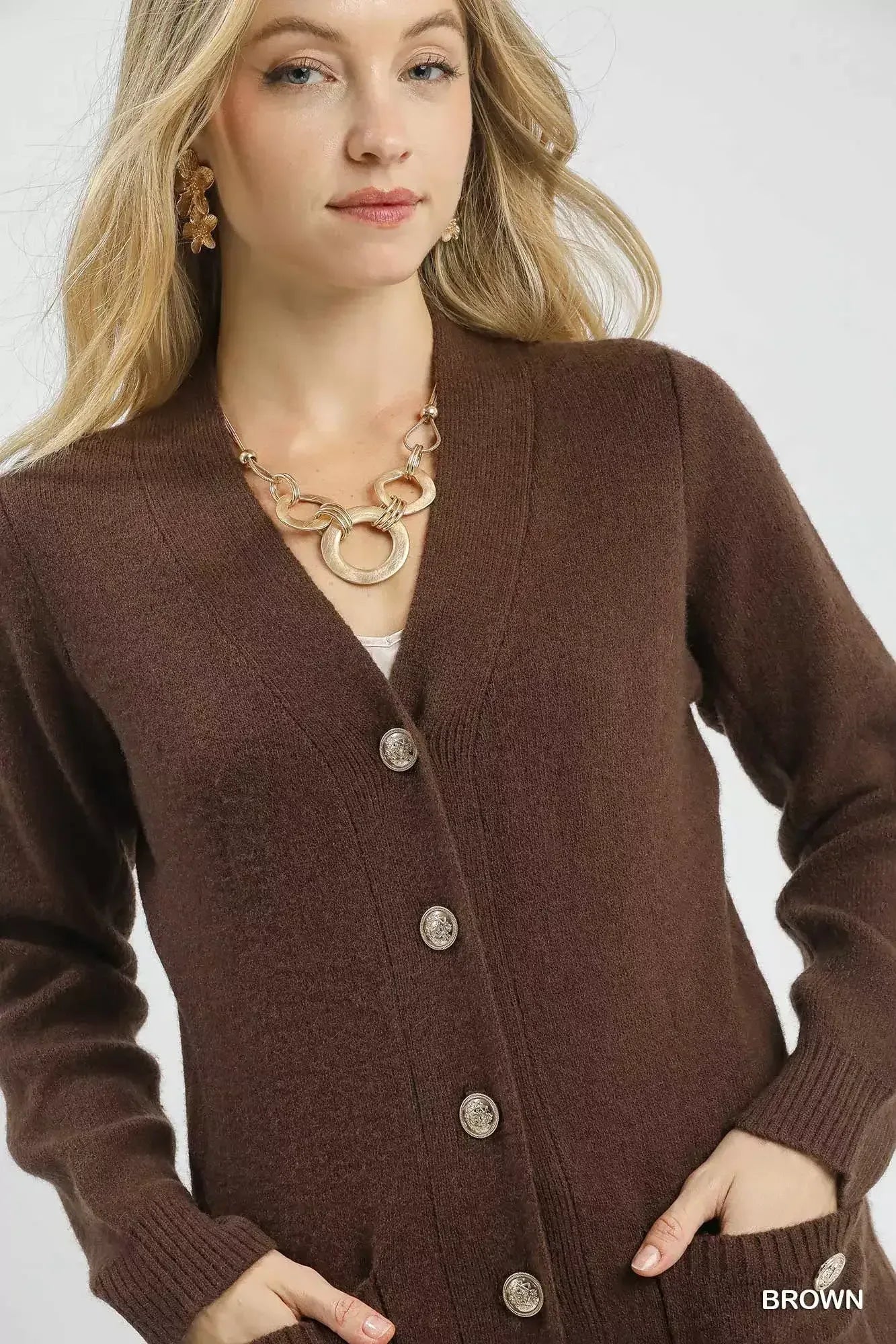 Umgee Button-Down Longline Sweater Cardigan with Front Pockets Brown / S