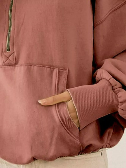 BiBi Stitch Detailed Elastic Hem Half Zip Fleece Hoodie TERRACOTTA / S