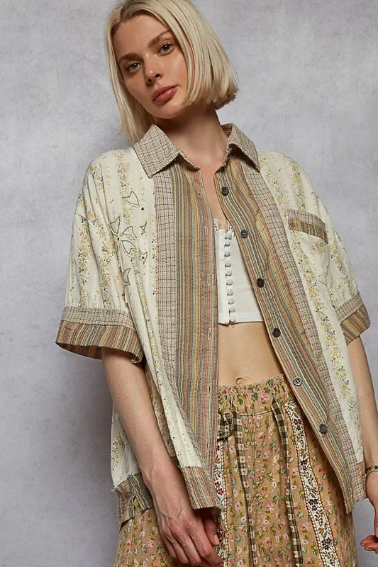 POL Printed Button Down Patchwork Short Sleeve Shirt CREAM MULTI / S