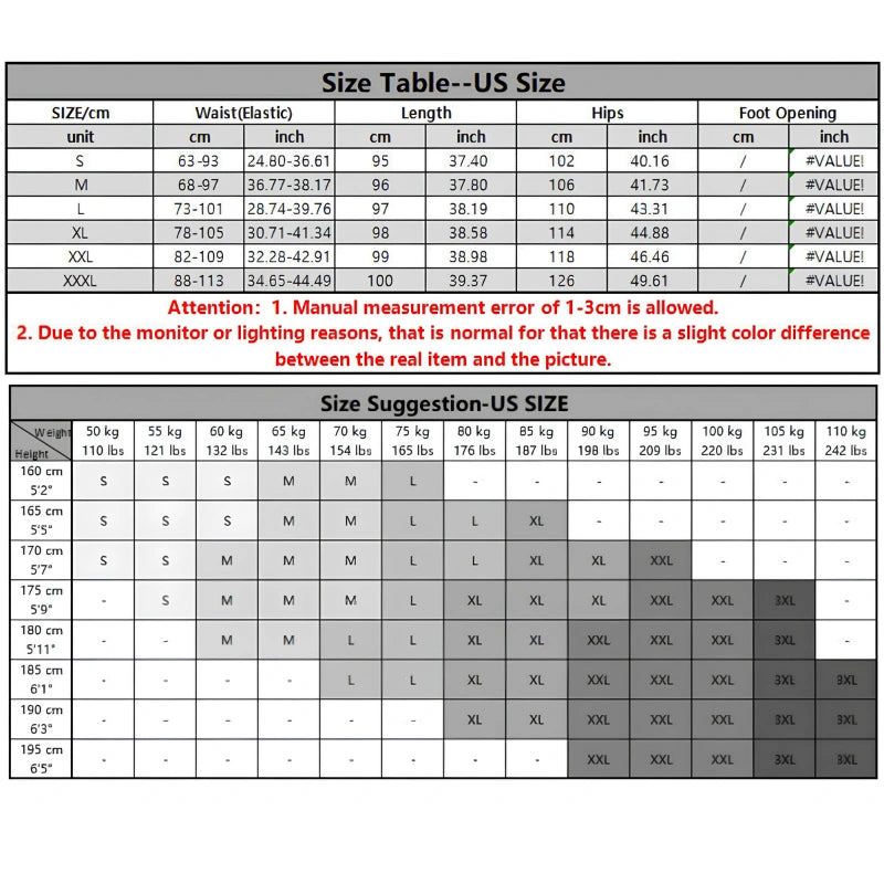 Size chart for pants with US size guide and measurement details.