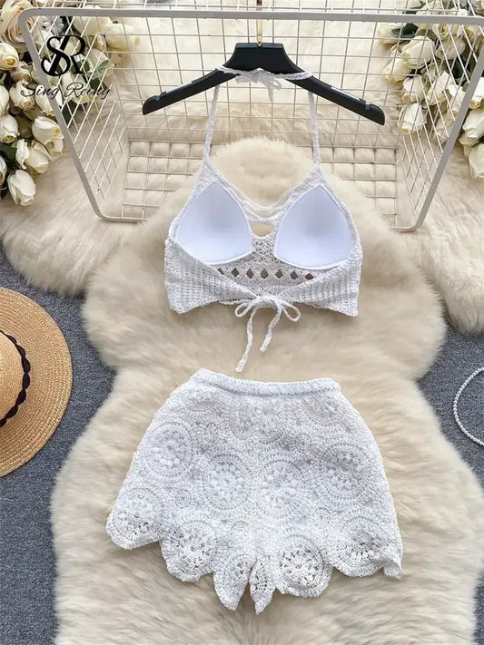 Knitted Two-Piece Beachwear Set apricot / One Size
