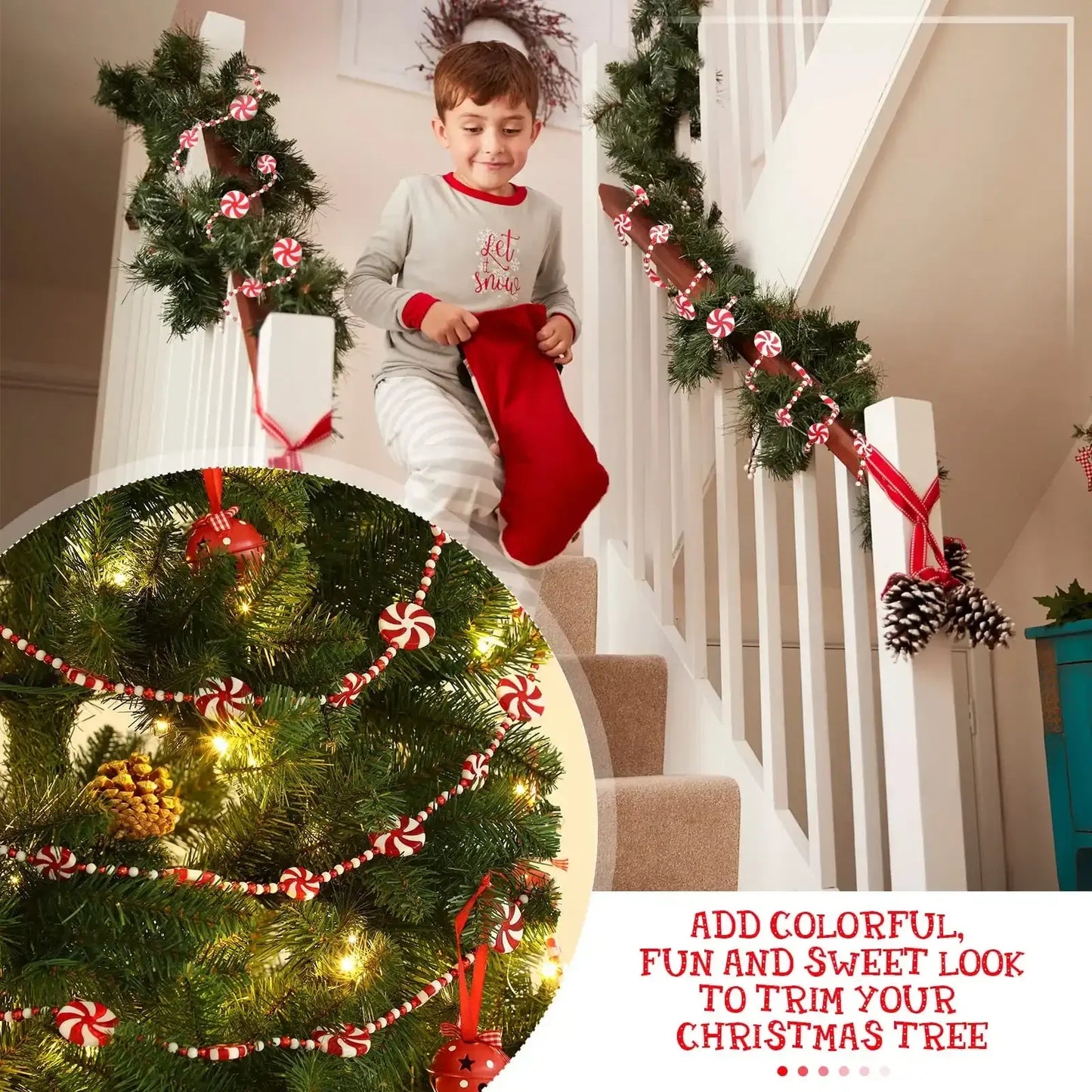 10FT Peppermint Candy Christmas Garland – Festive Crystal Candy Tree & Home Decoration Red and White / United States