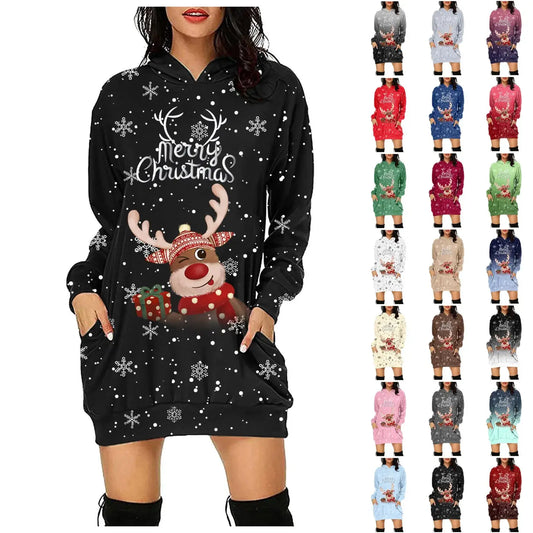 Women & Girls Christmas Sweatshirt Dress – Snowflakes & Reindeer Print, Long Sleeve Wine / M / United States