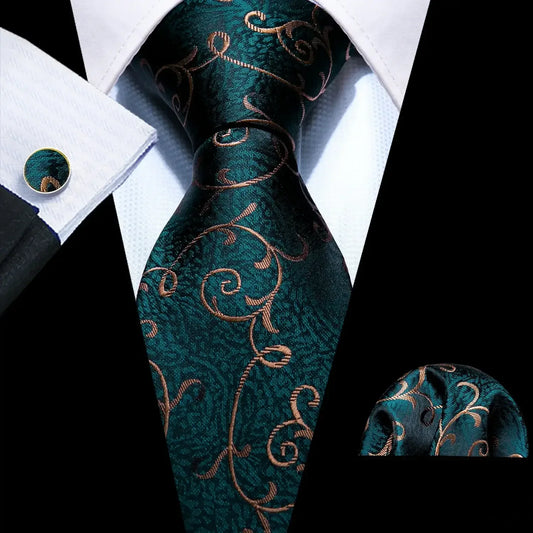 Green & Gold Floral Jacquard Tie Set with Pocket Square & Cufflinks United States