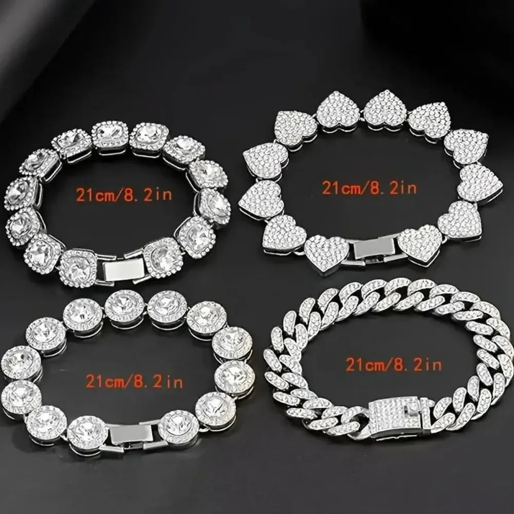 4 Piece Heart Shape Cuban Tenni Bracelet Set for Women United States / SILVER