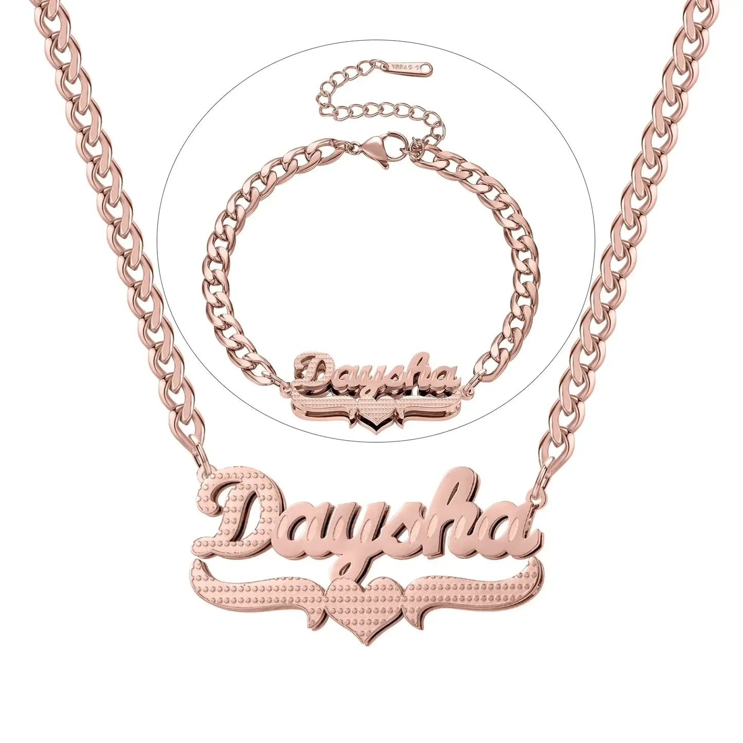 Double Plated Coustom Luxury Set Jewelry Unique Name Necklace Bracelet RoseGold-Set / United States
