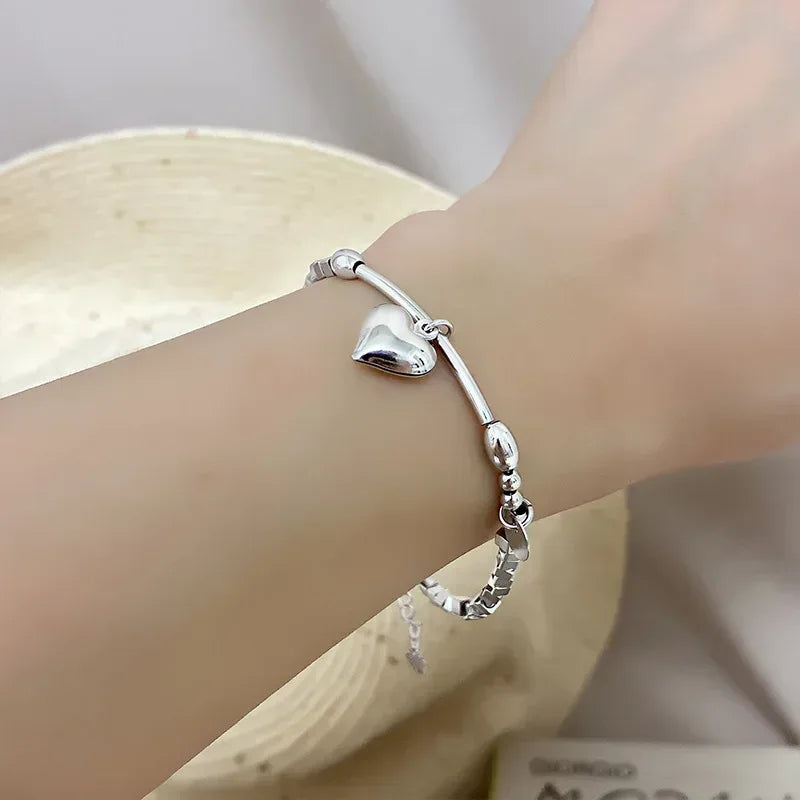 Sterling Silver Double Love Heart Hollow Round Beads Bracelet BTSP1274
