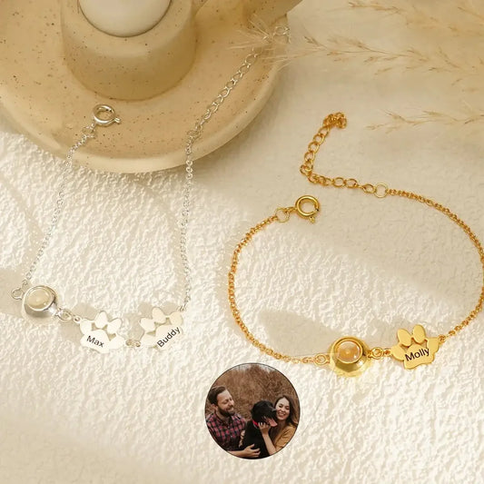 Custom Pet Name Bracelet with Photo Projection Gold / 18cm / 2 paw