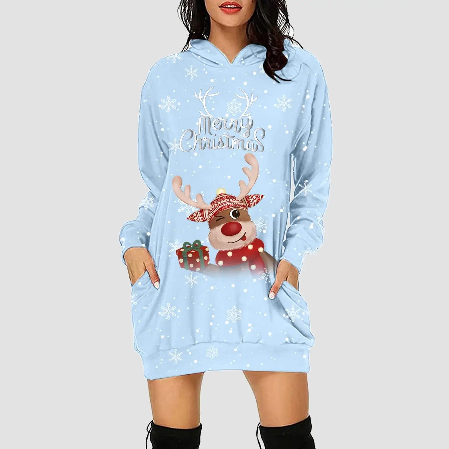 Women & Girls Christmas Sweatshirt Dress – Snowflakes & Reindeer Print, Long Sleeve Light Blue / L / United States