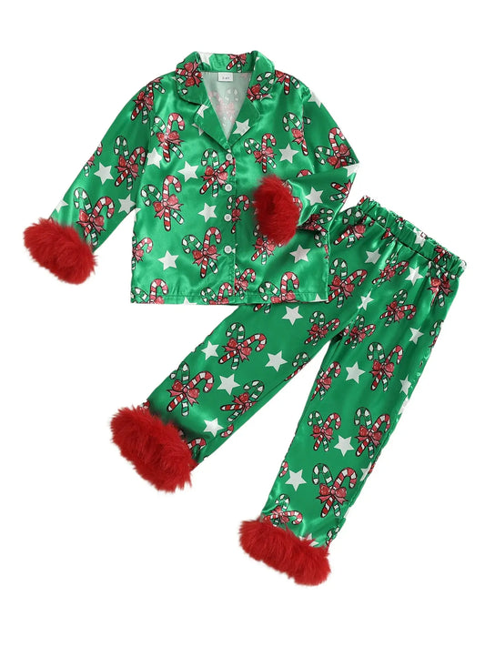 Kids’ Christmas Pajama Set – Candy Cane Print Shirt & Pants green / 3-4 Years / United States
