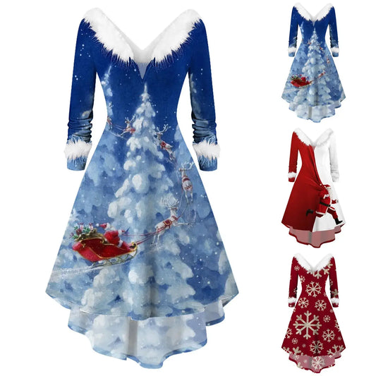 Women’s Christmas Plush Party Dress – V-Neck Swing Long Dress Red / M / United States