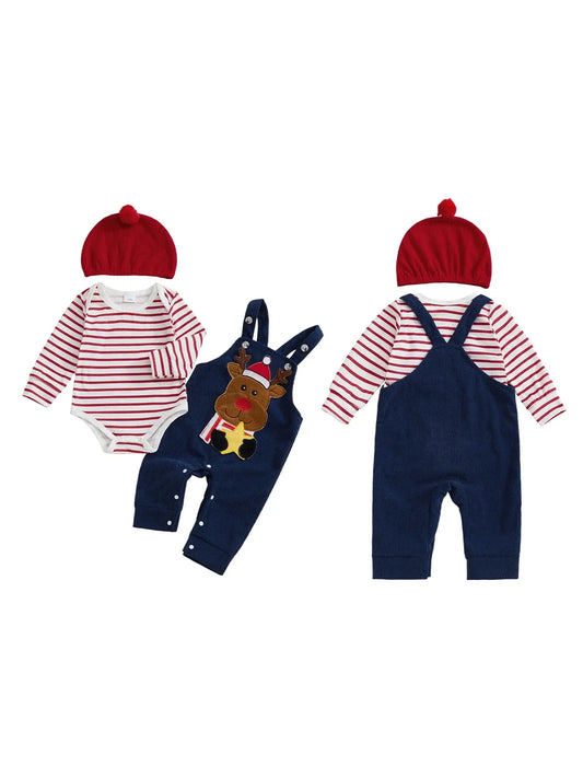 Christmas Baby Boy 3-Piece Reindeer Romper Set with Hat Brown / 0-3 Months / United States
