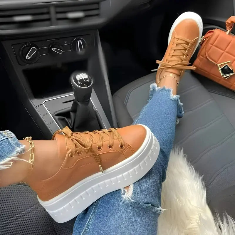 Women’s Flat Sneakers – Casual Platform Lace-Up Shoes with EVA Insole, PU Upper, Sizes 5–10.5