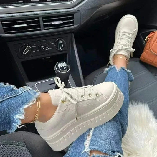 Women’s Flat Sneakers – Casual Platform Lace-Up Shoes with EVA Insole, PU Upper, Sizes 5–10.5