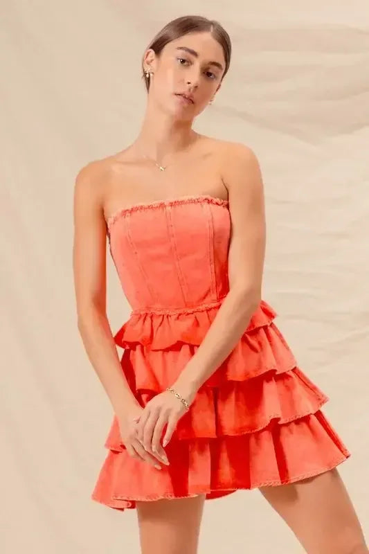 SO ME Strapless Ruffle Layered Game Day Cheer Up Dress ORANGE / S
