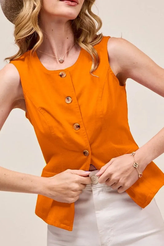 SO ME Slim Fit Button Front Game Day Color Denim Vest Top ORANGE / S