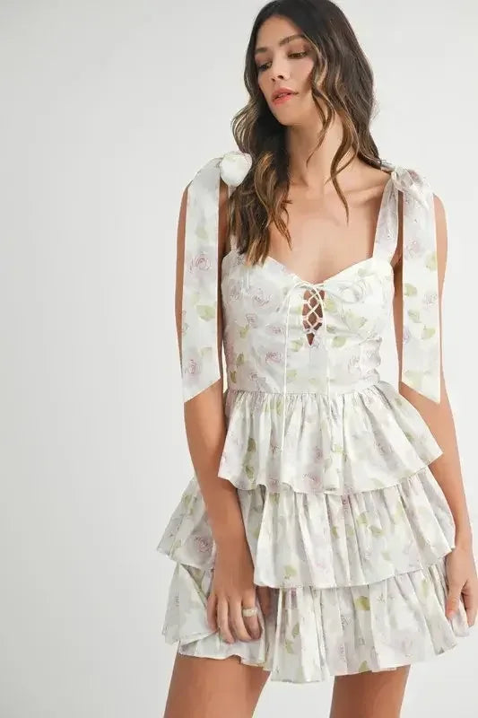 MABLE Floral Print Shoulder Tie Layered Mini Dress Off White / M