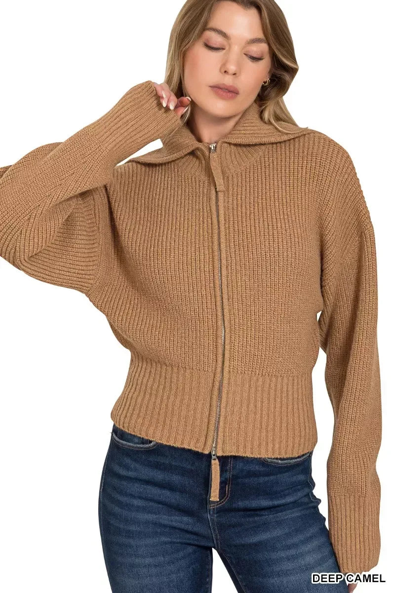 Zenana Ribbed Collared Zip Up Sweater Cardigan DEEP CAMEL / S
