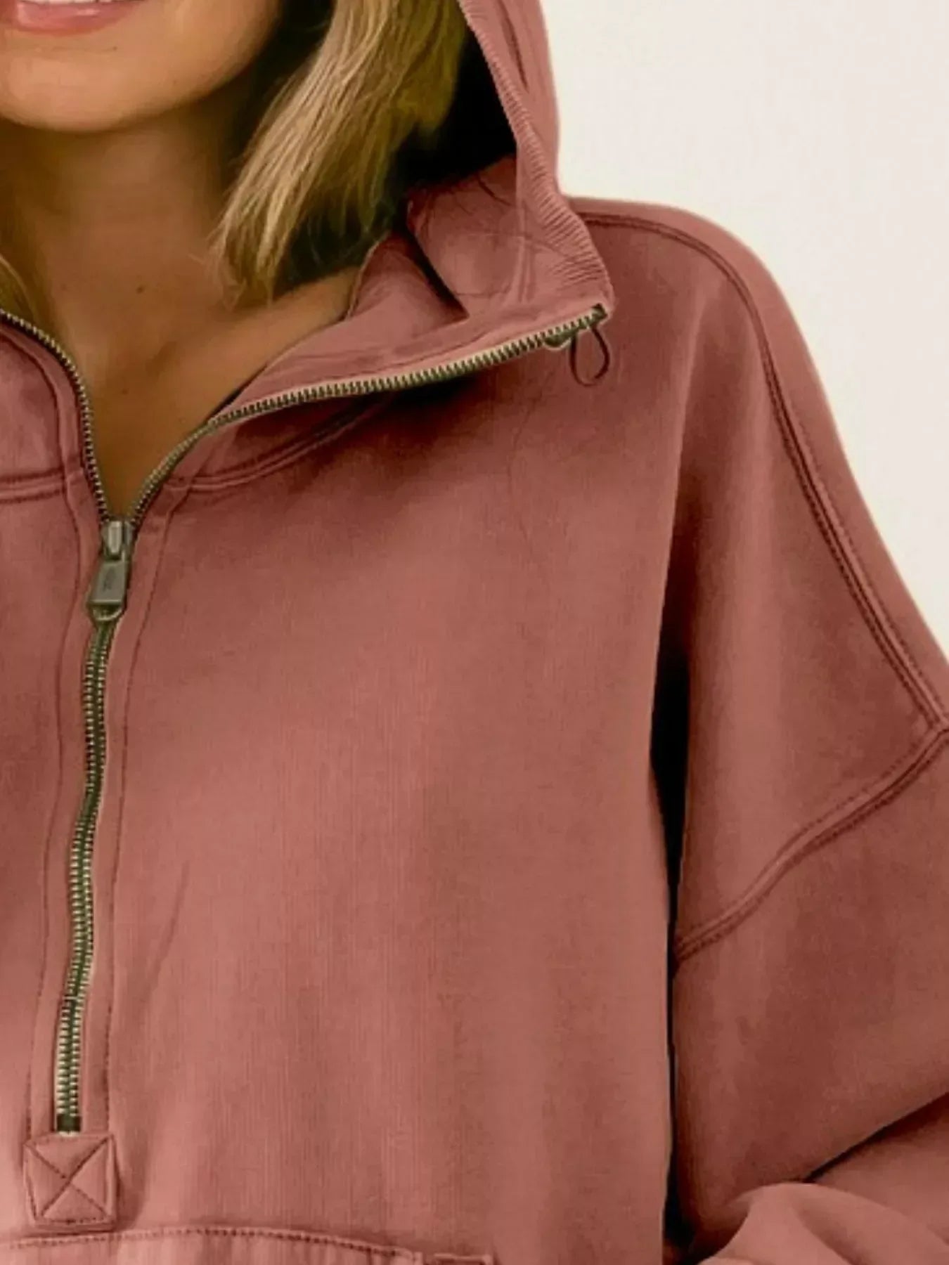 BiBi Stitch Detailed Elastic Hem Half Zip Fleece Hoodie TERRACOTTA / S