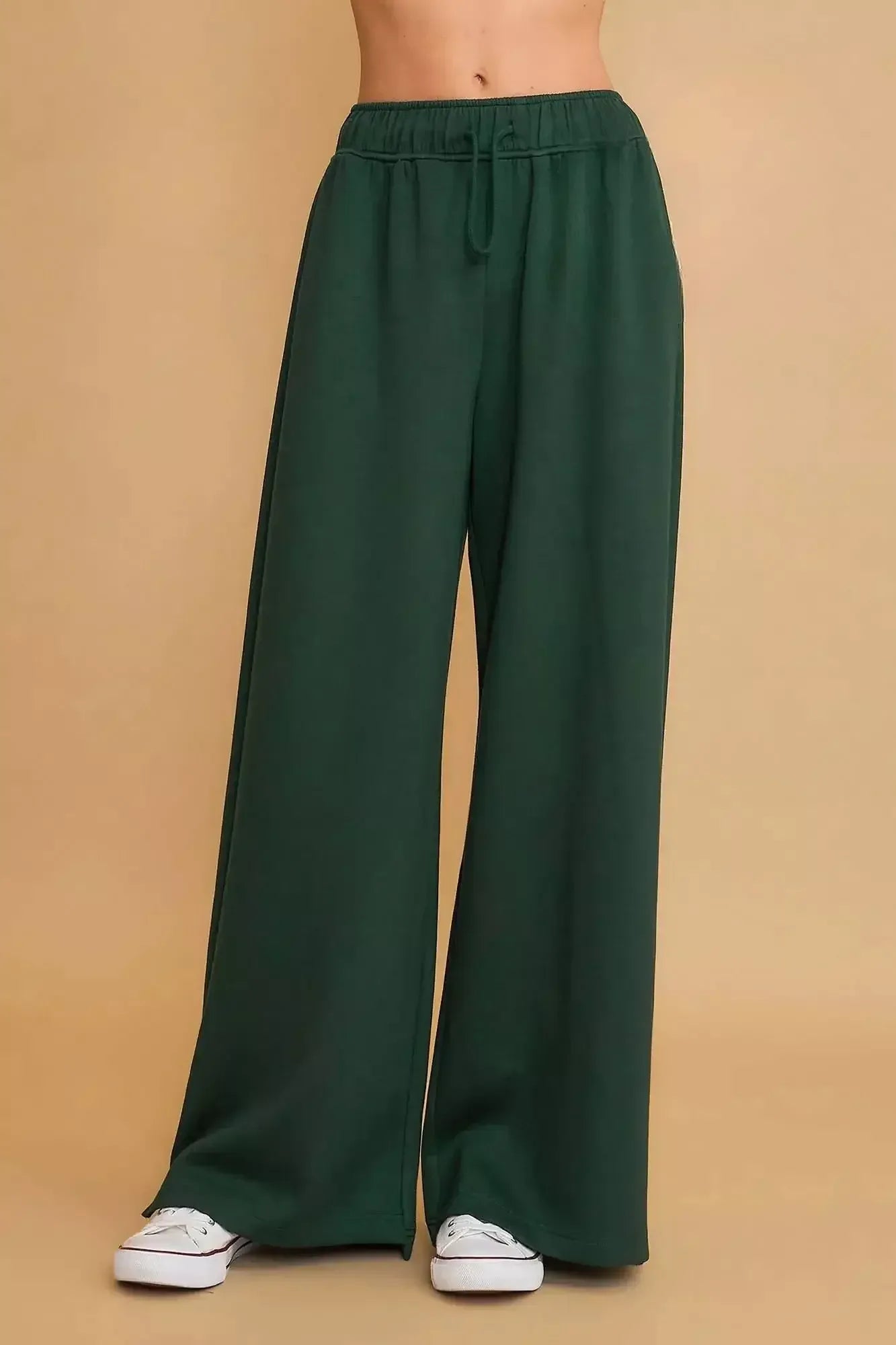 Umgee Elastic Drawstring Waistband Wide Leg Pants EVERGREEN / S