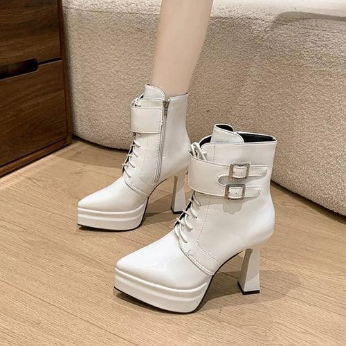 Lace Up Women's Round Toe : Chunky Heel Ankle Boots 3 / White