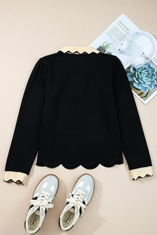 Colorblock Scallop Trim Long Sleeve Collared Top S / Black