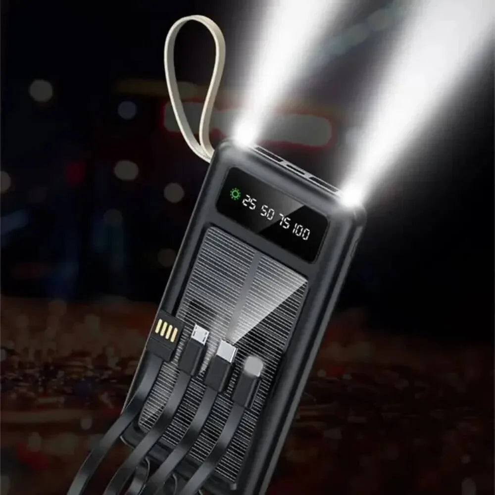 Portable Solar Power Bank with Built-in Cables White