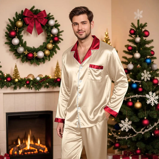 Silk satin matching family pajama set with long sleeve button-up tops and pants
