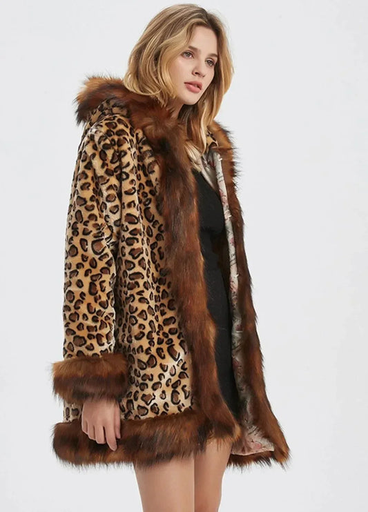 Womens Leopard Print Hooded Faux Fur Collar Jacket XS / Brown