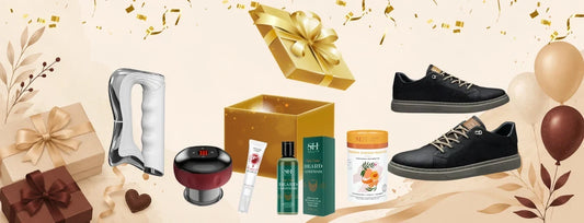 gift box and confetti with top 10 birthday gift ideas for husband in a beige background