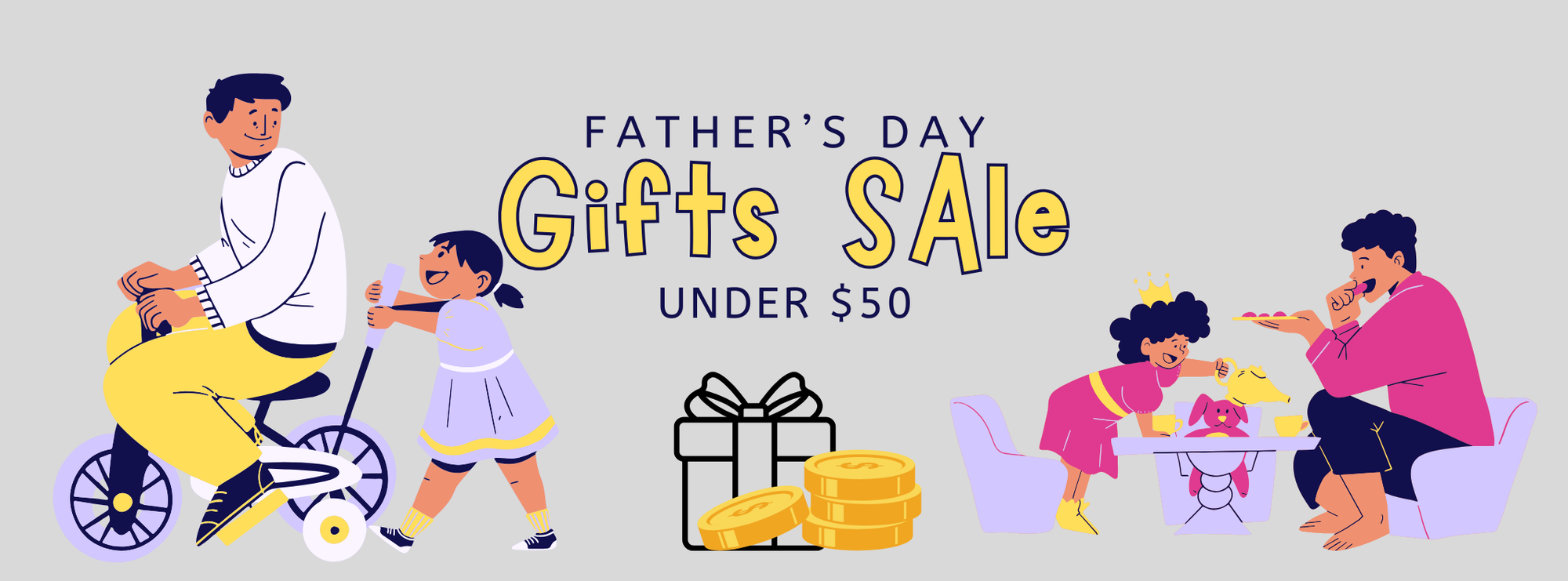 illustration of father and daughter with father's day gift sale