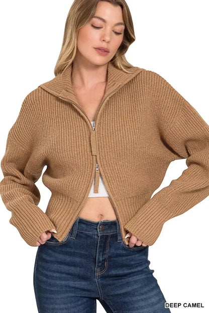 Zenana Ribbed Collared Zip Up Sweater Cardigan DEEP CAMEL / S