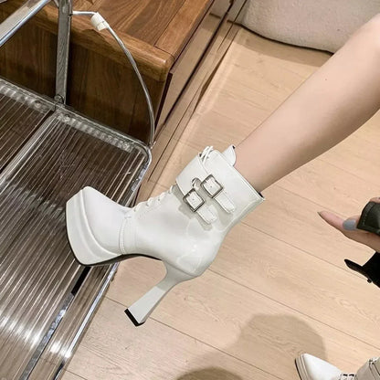 Lace Up Women's Round Toe : Chunky Heel Ankle Boots 3 / White