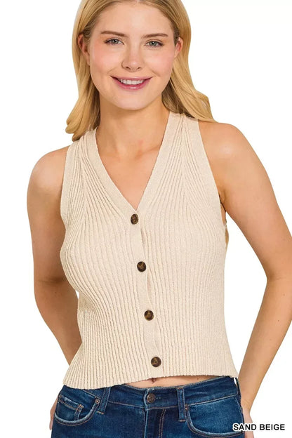 Zenana Ribbed Knit Button-Down Sweater Vest SAND BEIGE / S