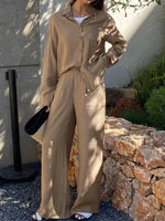 Full Size Relaxed Fit Button Up Shirt and Pants Two-Piece Set Plus S / Khaki