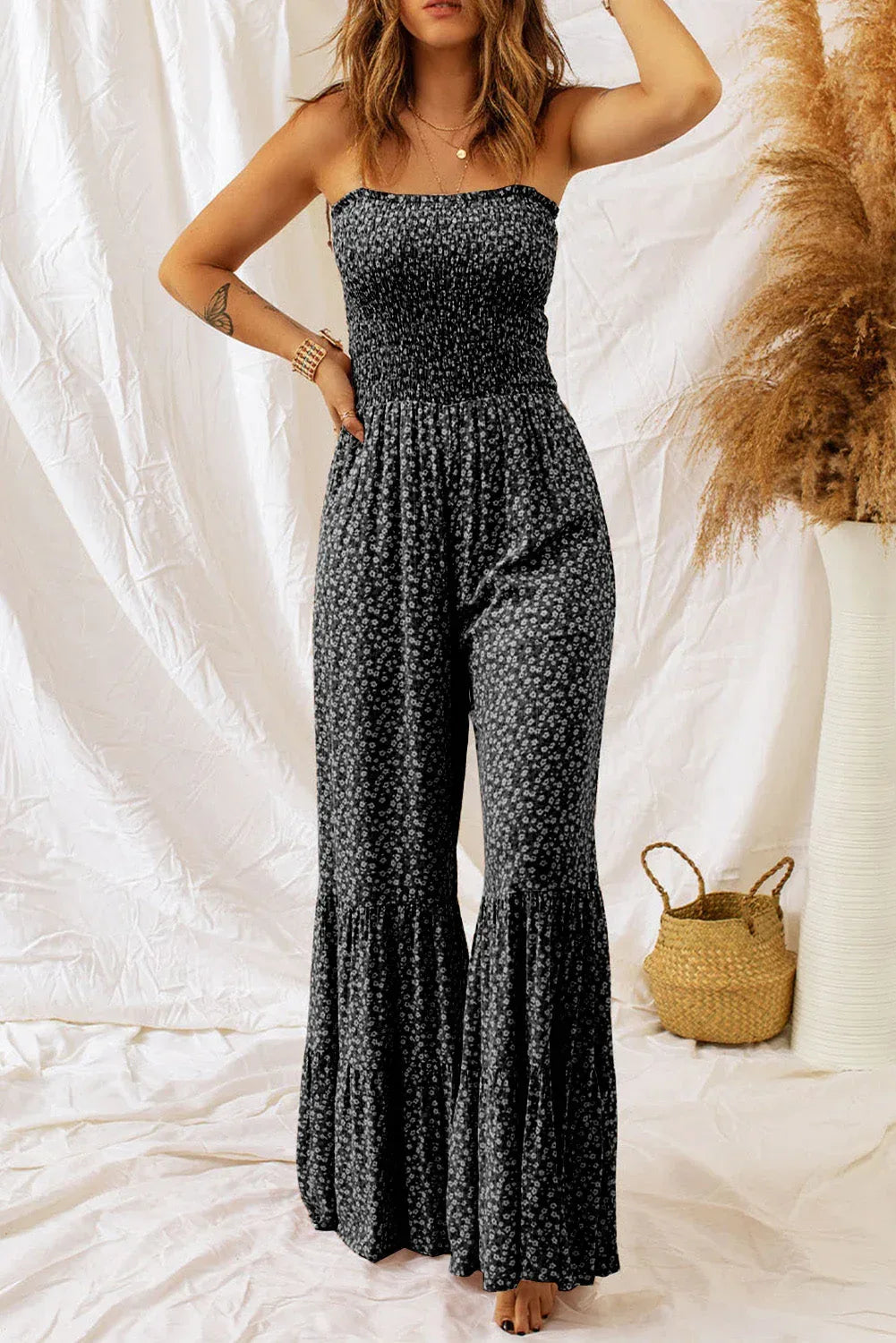 Floral Spaghetti Strap Wide Leg Jumpsuit Black / S
